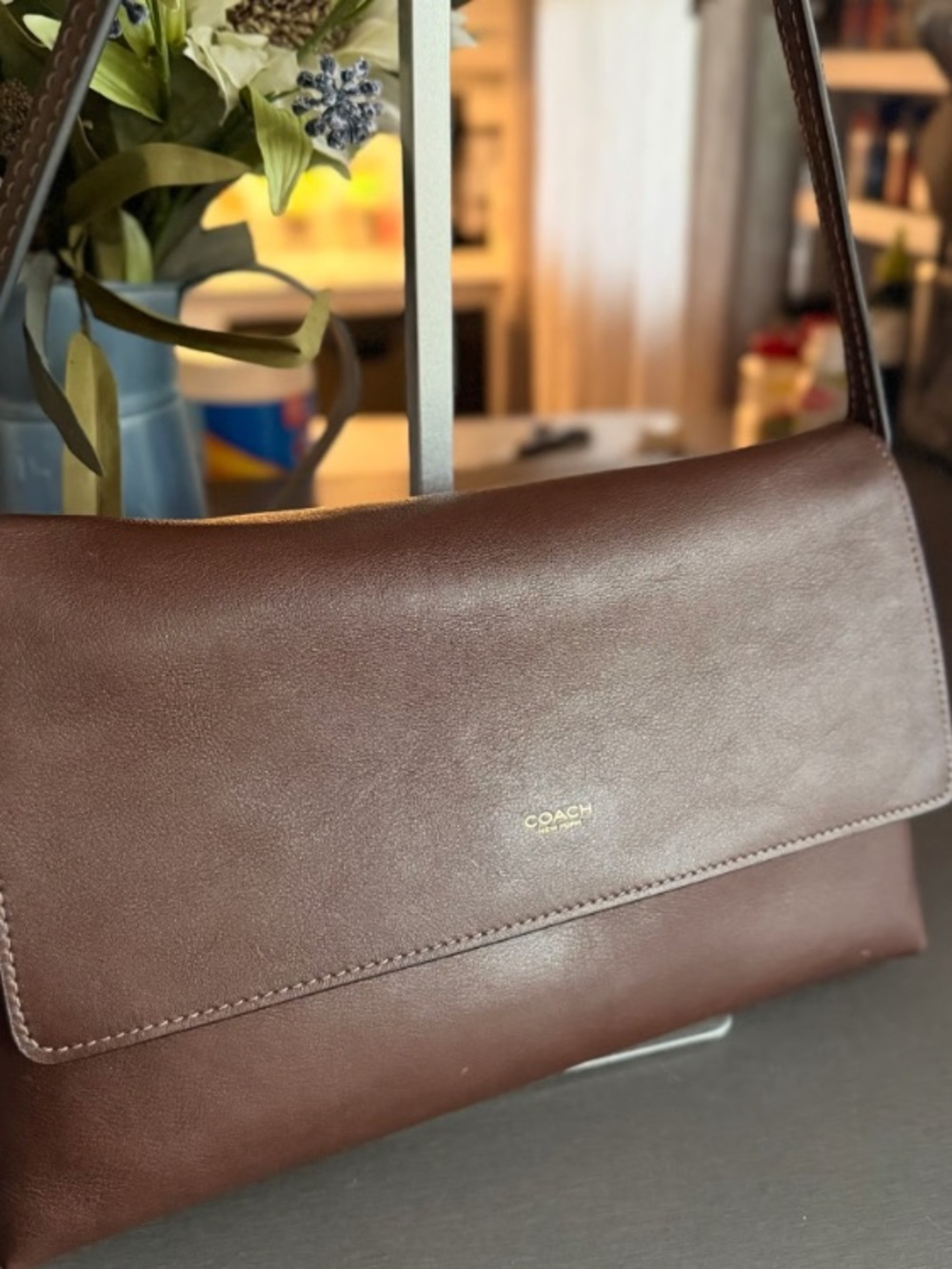 Coach Brown Leather Shoulder Bag with Gold Logo Accent